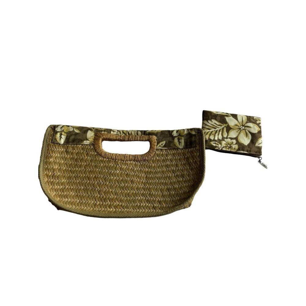 Vintage Americana Floral Woven Straw Clutch With Matching Coin Purse